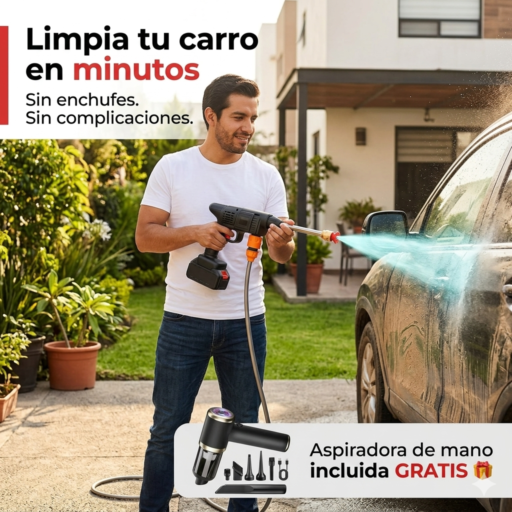 Hidrolavadora Inalámbrica + Aspiradora GRATIS: Lava tu carro en 20 minutos sin manguera ni enchufes
